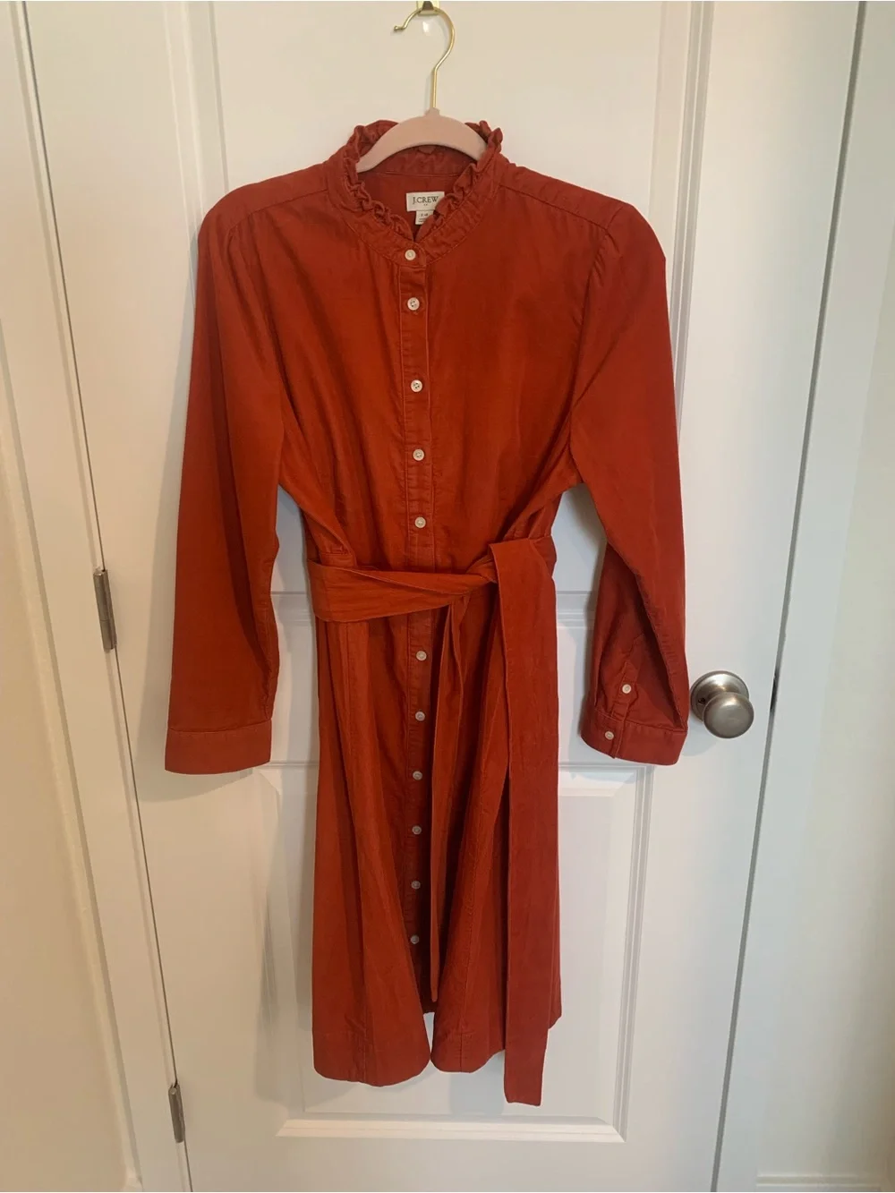J. Crew Rust Corduroy  Button-Front Shirt Dress with Tie Waist